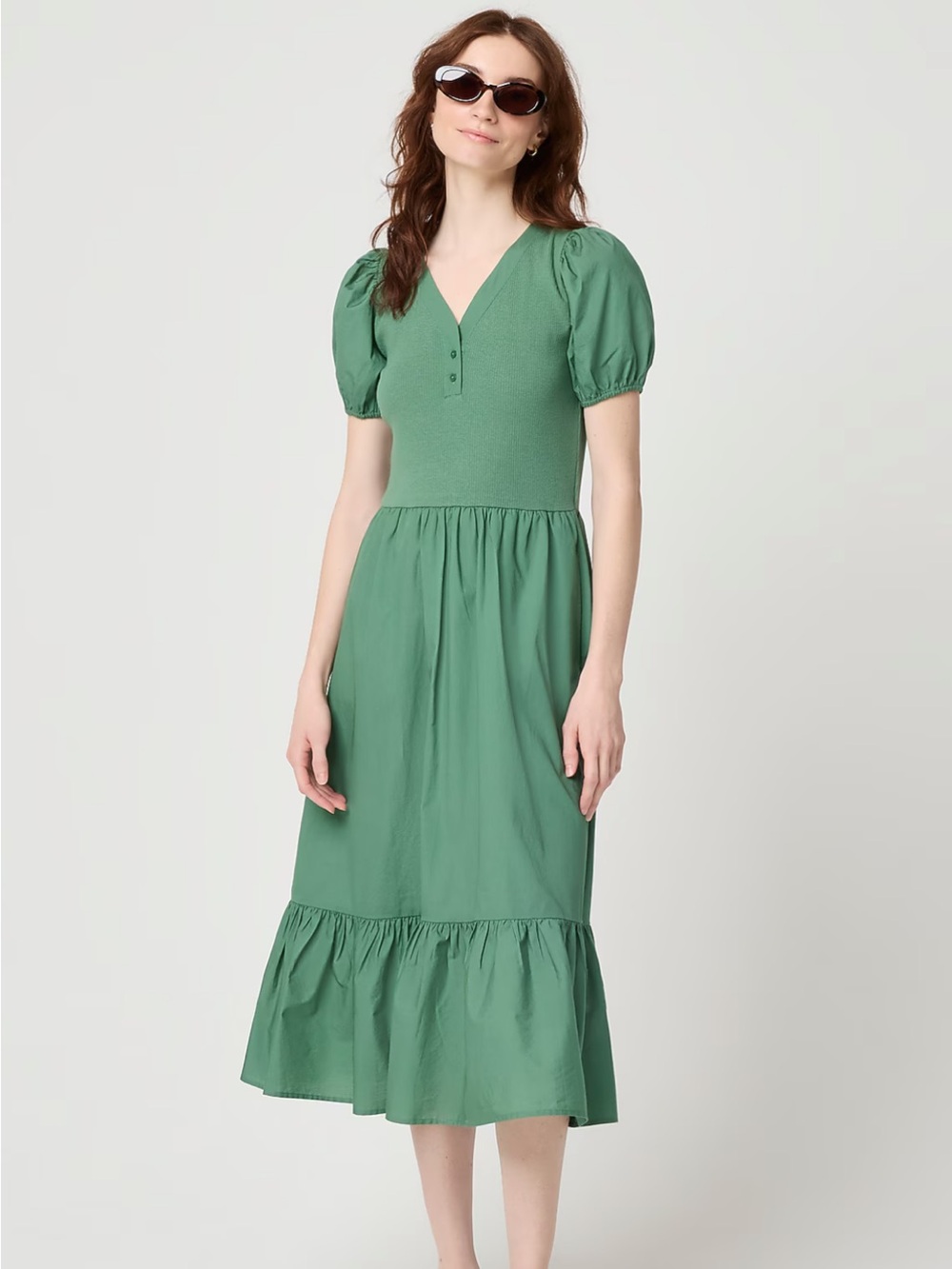 J. Crew Factory Green Puff-Sleeve V-Neck Maxi Dress
